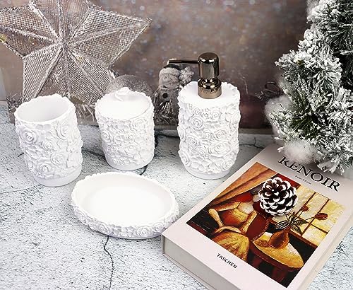 Hymmah Bathroom Accessories Set,Rose Design Bathroom Set,Farmhouse Bathroom Decor,4 Pcs Resin Gift Set Apartment Necessities, Contain Cotton Swab Jar,Soap Dispenser,Soap Dish,Tumbler White