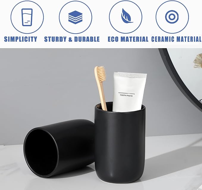 Matte Black Toothbrush Holders for Bathrooms - 1 Cups Ceramic Toothbrush Toothpaste Holders, Black Bathroom Tumbler Cup Reusable Toothbrush Cup Black Mouthwash Cup, Bathroom Counter Organizer