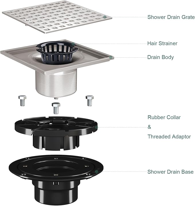 4 Inch Shower Floor Drain with Flange - Square Shower Drain with Hair Strainer - Removable Grid Strainer Cover - SUS304 Stainless Steel - Brushed Nickel