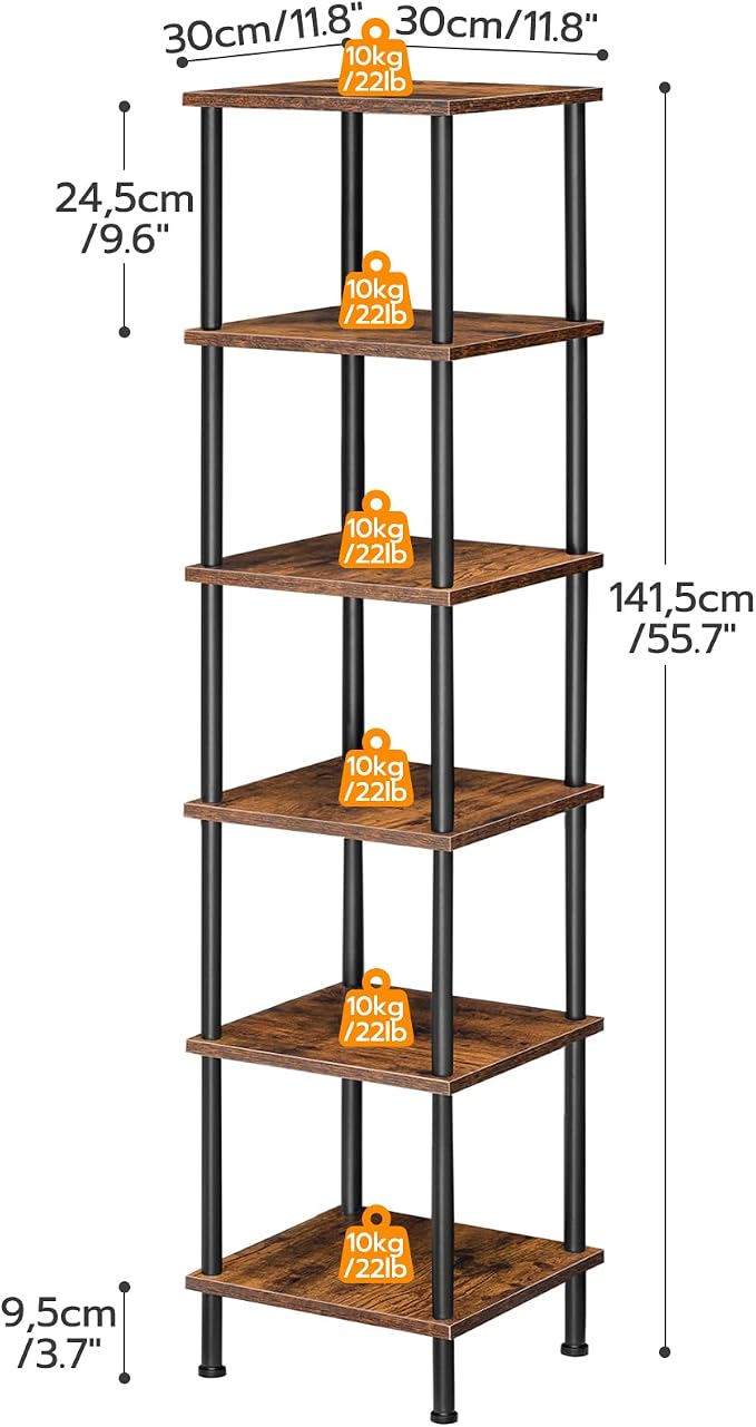 HOOBRO 6-Tier Corner Shelf, Corner Square Rack Display Shelf, Tall Storage Rack Plant Stand, Bookcase for Small Spaces, Living Room, Home Office, Kitchen, Rustic Brown and Black BF55CJ01