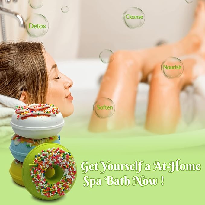 KAV Donut Bath Bombs Gift Set – 4 Piece Handmade Organic Bath Bomb Kit with Essential Oils – Relaxation Spa Gift for Women, Men, Teens, Kids – Self Care & Aromatherapy Soak (Fresh)