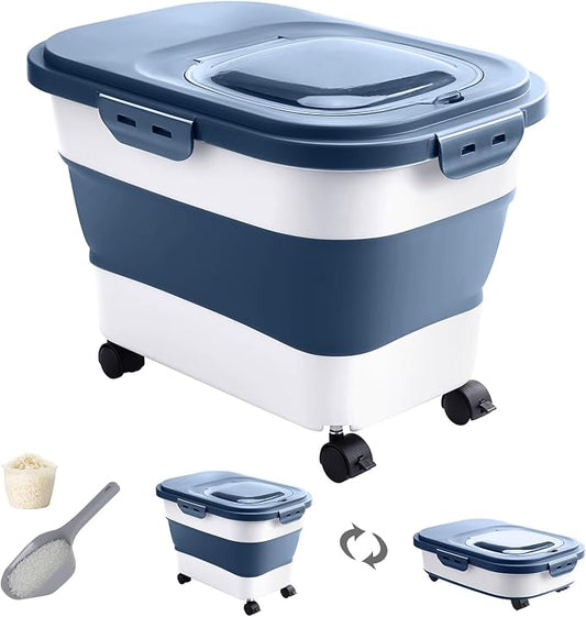 20-30 Lbs Rice Storage Container,Collapsible Food Storage Container | Flour Storage Container with Wheels Airtight Locking Lid,Rice Container Double Seal,Keep Fresh for Pet Food,Rice,Flour