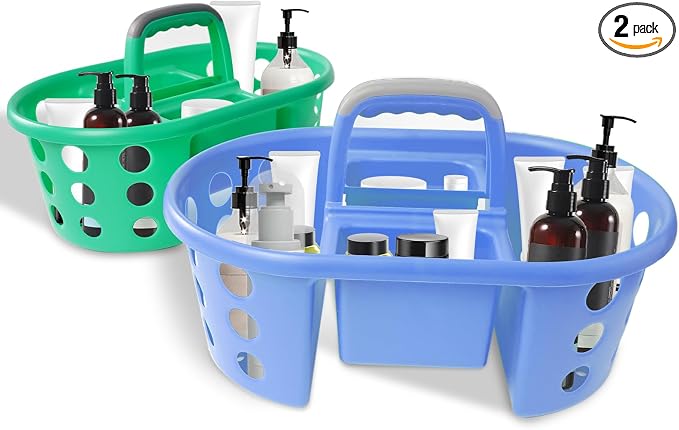 SIMPLYKLEEN Large Shower Caddy Portable 2PC - Made in USA Plastic Jumbo Size Dorm Storage Candy Tote with Handle Shower Organizer for Bathroom, Pantry, Kitchen, College Dorm, Green/Periwinkle