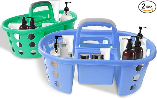 SIMPLYKLEEN Large Shower Caddy Portable 2PC - Made in USA Plastic Jumbo Size Dorm Storage Candy Tote with Handle Shower Organizer for Bathroom, Pantry, Kitchen, College Dorm, Green/Periwinkle