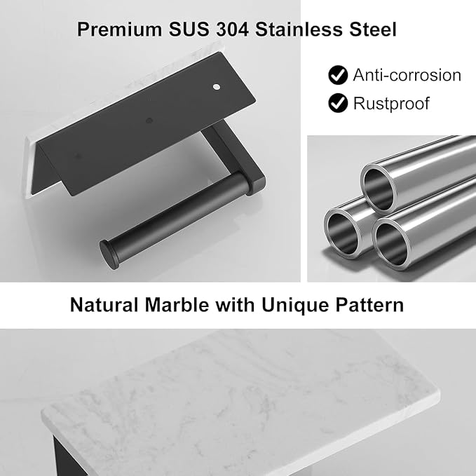 BWE Matte Black Toilet Paper Holder with Marble Shelf, Toilet Paper Roll Holder Wall Mounted, Toilet Paper Roll Holder with Phone Shelf 304 Stainless Steel Tissue Holder for Bathroom Washroom