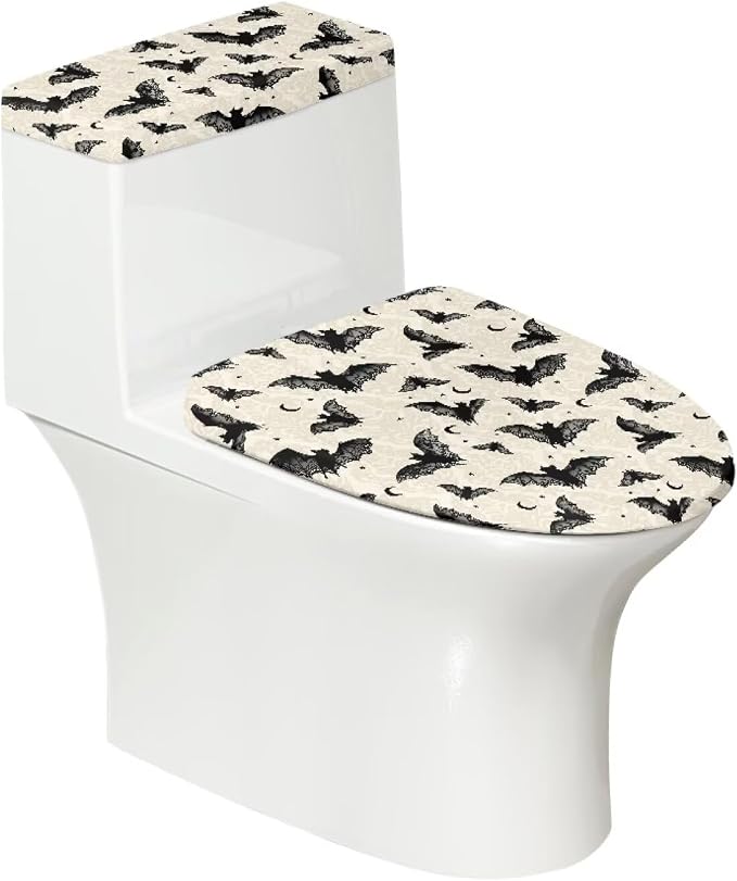 Bat Toilet Lid & Tank Covers for Bathroom, Gothic Toilet Lid Cover Round Non Slip Elongated, Set of 2, Halloween Party Decor