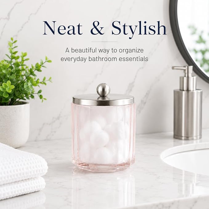 Blush Translucent Apothecary Octagional Shaped Glass Canister Jar With Metal Lid Cover for Bathroom Organization, Cotton Balls, Q Tips, and Small Accessories, Bathroom Storage