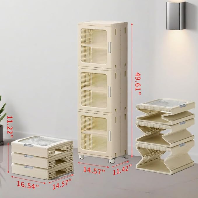 3-Tier Narrow Bathroom Storage Cabinet with Clear Doors and Adjustable Shelves, Plastic Slim Bathroom Organizers and Storage Small Spaces Pantry Kitchen Laundry Room Quick Assembly, Beige