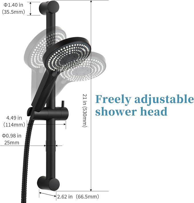OFFO Shower Slide Bar Combo, Adjustable 21 in Slide Bar with 6-Mode High Pressure Handheld Shower Head and 60 in Stainless Steel Hose, Screw Wall Mounted, Matte Black