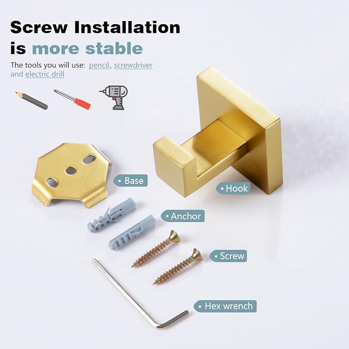 KOKOSIRI Bath Towel Hook Wall Mount Square Robe Hook Coat Hook, Bathroom Kitchen Garage Heavy Duty Wall Mounted, SUS 304 Stainless Steel, Brushed Gold, B1010BG-P2