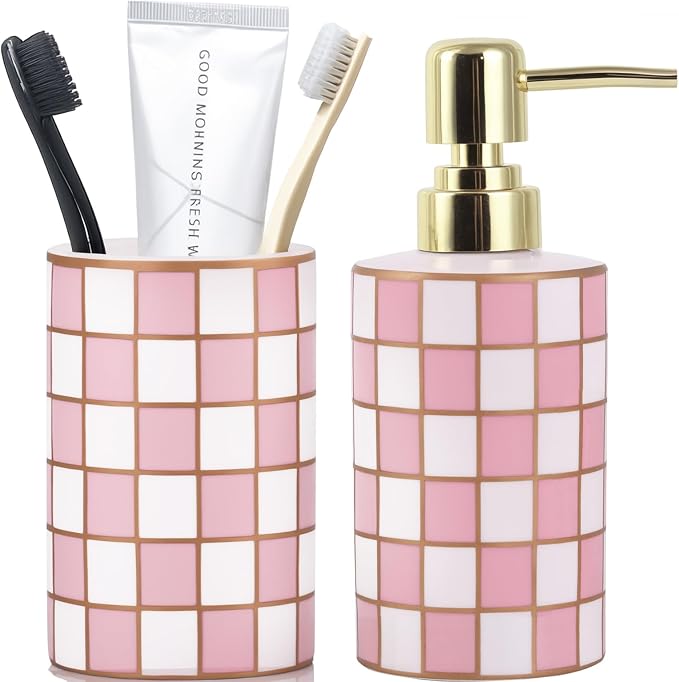 Bathroom Toothbrush Holder Set, Ceramic Checkered Soap Dispenser and Tooth Brush Holder Set, Modern Bathroom Accessories Sets Countertop, Black and White Checkered Bathroom Decor Set (Pink)