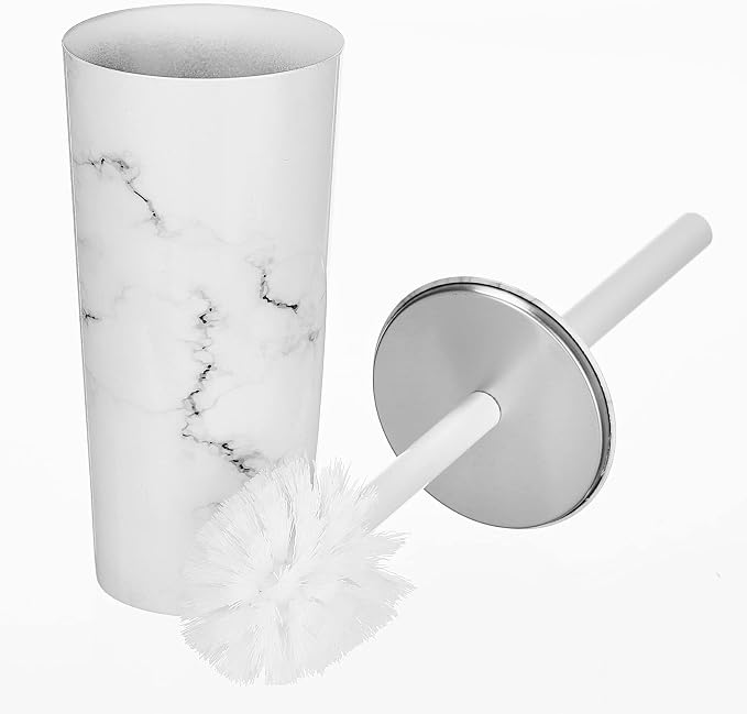 mDesign Stainless Steel Toilet Bowl Brush and Holder Set, Modern Metal Compact Storage Organizer Cleaner Scrubber for Toilet - Heavy Duty Cleaning Plunger for Bathroom, Mirri Collection, White Marble