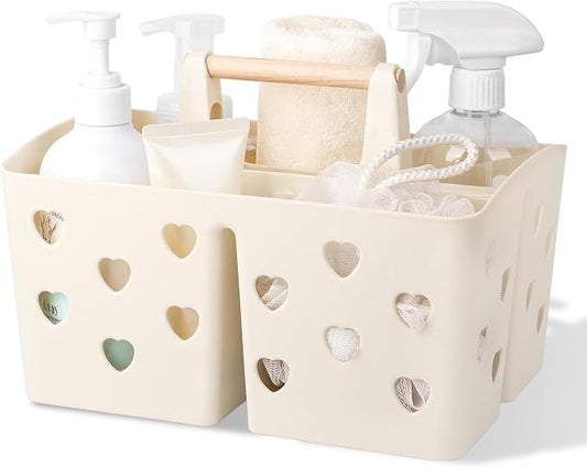 Anyoifax Portable Shower Caddy Plastic Shower Basket Organizer Divided Bathroom Caddy Storage Cleanning Caddy Tote with Handle for College, Dorm Room, Kitchen, Beige