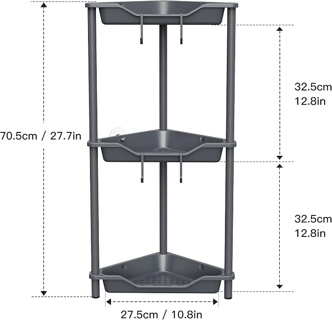 Orimade Rustproof 3 Tier Floor Standing Corner Shower Caddy Organizer, Plastic Metal Splicing Floor Corner Shelf Rack Stands for Bathroom, Grey