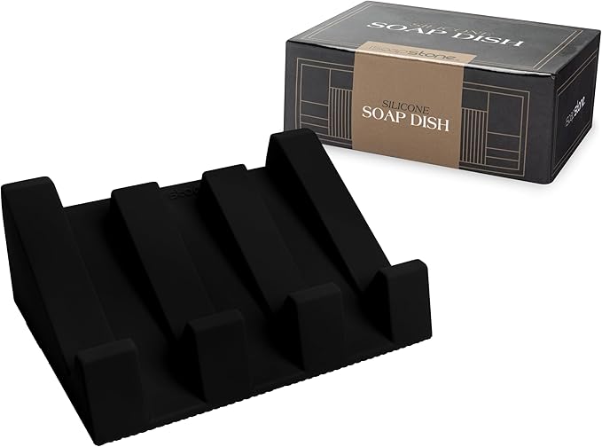 Silicone Soap Dish (USA Patented) Self Draining Bar Soap Holder for Shower Bathroom Sink, Drying Soap Dish Tray Sponge Holder Easy Cleaning Soap Saver Travel Accessories (Black, 1)