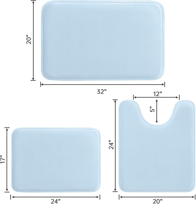 HUXMEYSON 3-Piece Memory Foam Bathroom Rug Set, Light Blue | Quick Dry Velvet Surface, Non-Slip & PVC Backing, Ultra Soft Bath Rugs for Bathroom, 17"x24"+20"x32"+U Shape 20"x24"