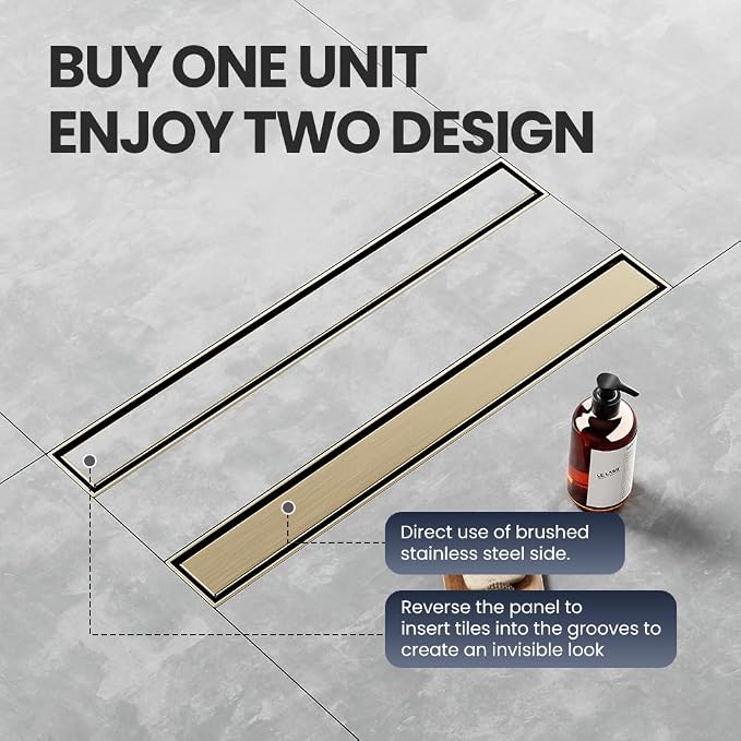 Linear Shower Drain 30 Inch Gold, Brushed AISI 304 Stainless Steel Shower Drain with 2-in-1 Tile Insert Panel, for Bathroom, Kitchen, Garage & More