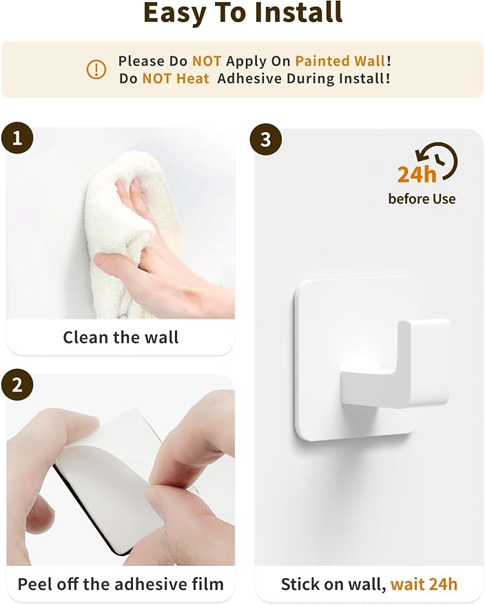 GWAAZXGZ Square Self Adhesive Towel Hooks - 4 Pack Matte White Metal Hooks, Right-Angle Design for Towels, Robes & Hats, Organize Bathroom, Kitchen, Entryway, Doors, Cabinets on Smooth Surfaces