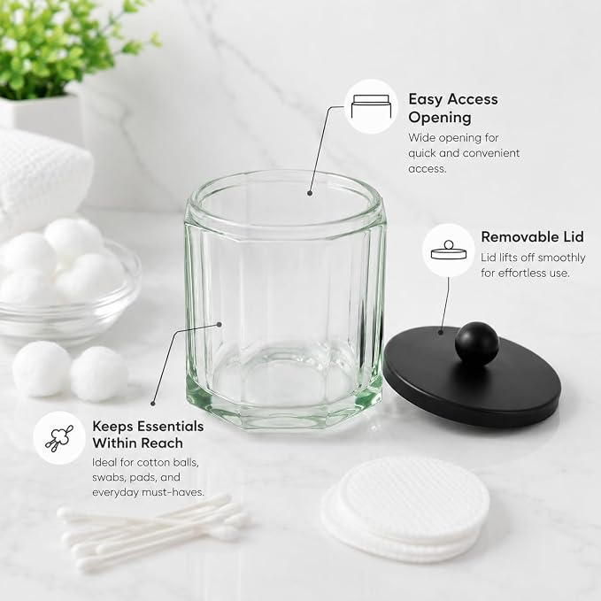 Sage Green Translucent Apothecary Octagional Shaped Glass Canister Jar With Black Metal Lid Cover for Bathroom Organization, Cotton Balls, Q Tips, and Small Accessories, Bathroom Storage
