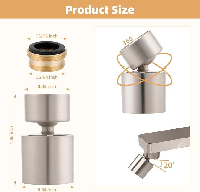 Hibbent NSF/ANSI/CAN 61 Certified Faucet Aerator, CUPC Certification 360 Degree Swivel Kitchen 2-Flow Sprayer Splash-Proof Water Saving Faucet Extender- 55/64 Inch-27UNS Female Thread, Brushed Nickel
