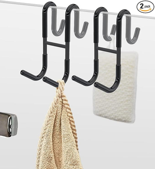 NACETURE Double Shower Door Hooks - Shower Hook Over The Door Towel Hook for Frameless Glass, Bathroom Hooks for Squeegee Rack, Robe, Organize (Black 2 Pack)