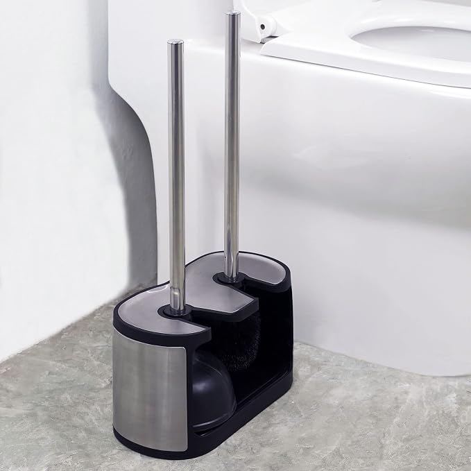 Casaphoria Stainless Steel Toilet Bowl Brush with Holder and Plunger Set, Freestanding Canister for Bathroom, 2 in 1 Hideaway Holder Heavy Duty Unclogger Plunger