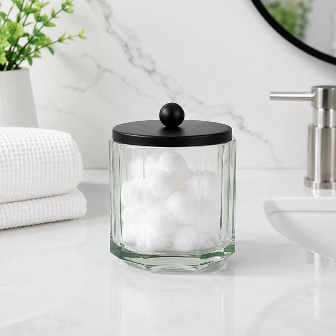 Sage Green Translucent Apothecary Octagional Shaped Glass Canister Jar With Black Metal Lid Cover for Bathroom Organization, Cotton Balls, Q Tips, and Small Accessories, Bathroom Storage