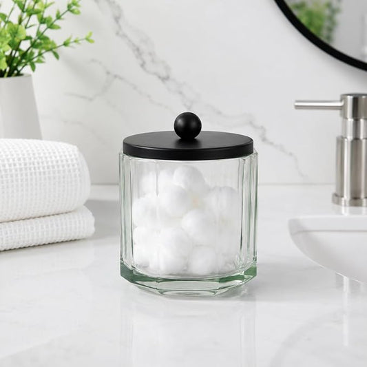 Sage Green Translucent Apothecary Octagional Shaped Glass Canister Jar With Black Metal Lid Cover for Bathroom Organization, Cotton Balls, Q Tips, and Small Accessories, Bathroom Storage