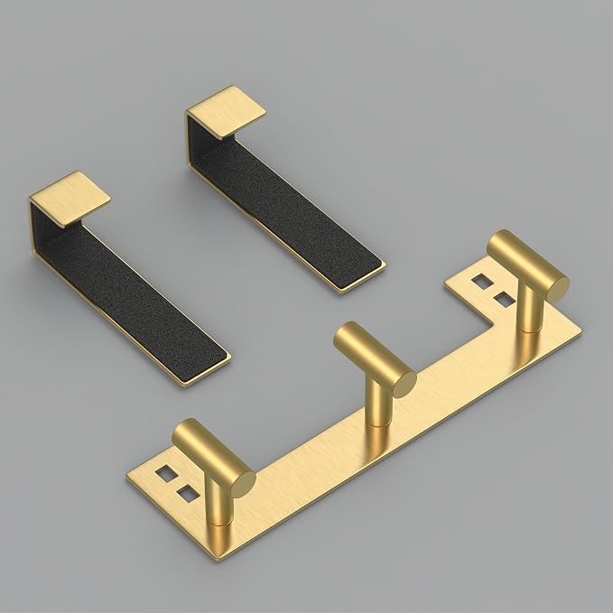PMMASTO Over The Door Hooks, Fits 1-3/4" Thick Door No Drill Hooks for Closet Bathroom Bedroom Organization, Hanger for Coat Towel Robe (Gold, 3 T-Hooks)