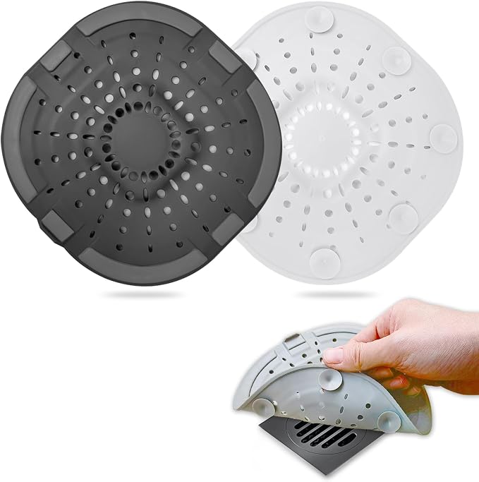 Bovinde Hair Drain Catcher,Square Cover for Shower 2 PCS (Jet Black White) | Drainer Cover Silicone Hair Stopper with Suction Cups,Protector Accessories,Easy to Install Suit for Bathroom,Bathtub,Sink