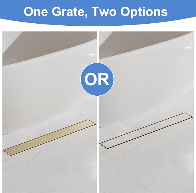28-Inch Linear Shower Drain with Tile Insert Grate, SUS 304 Stainless Steel Linear Drain, Brushed Gold Long Rectangle Shower Floor Drain with Leveling Feet, Hair Strainer, Fits Bathroom