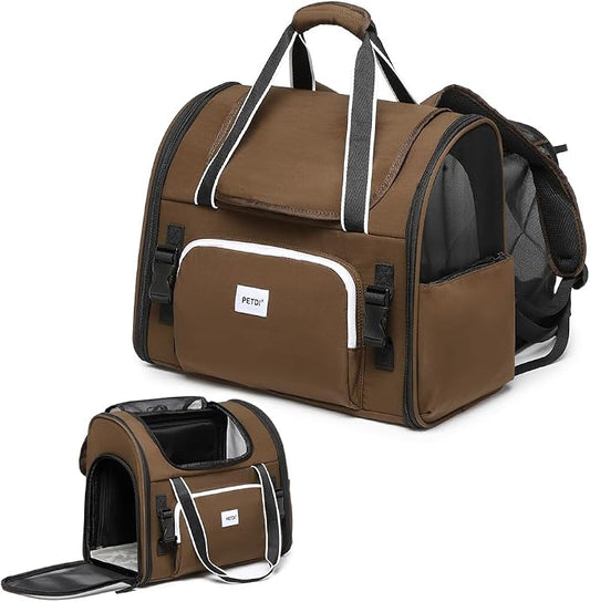 Pet Backpack Carrier for Small Dogs Medium Cats, Puppies,Breathable and Collapsible Design, Portable Travel Bag for Bearded Dragon,Rabbit Cage (Dark Brown, Small)