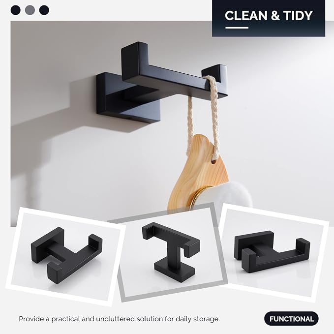 Angle Simple Double Towel Hook Matte Black, SUS304 Stainless Steel Bathroom Towel Holder, Coat Robe Hook Wall Mount