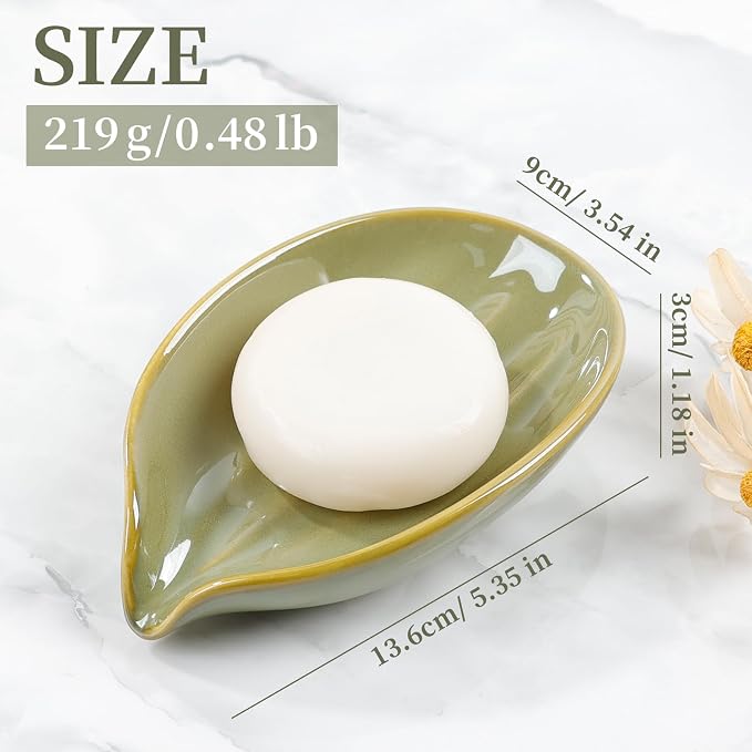 Soap Holder, Self-Draining Soap Dish, Leaf Shape Ceramic Green Bar Soap Holder Drain Soap Dishes for Bathroom Sink Kitchen, Easy to Clean Keeps Soap Dry, ANTIS'S HOME
