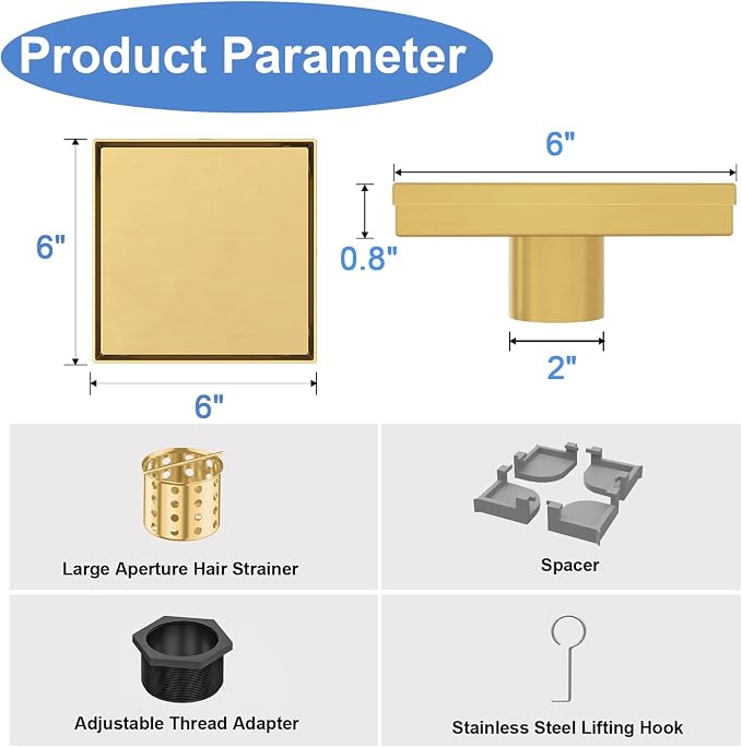 6-Inch Square Shower Drain with Tile Insert Grate, SUS 304 Stainless Steel Shower Floor Drain Kit with Hair Strainer (Brushed Gold)