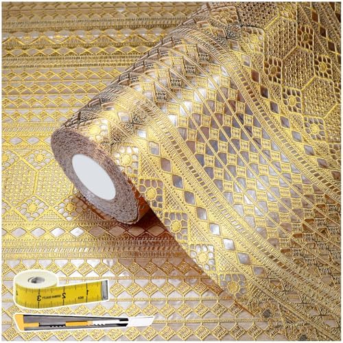 Drawer and Shelf Liner - Gold Geometric Lace Pattern,Non Adhesive