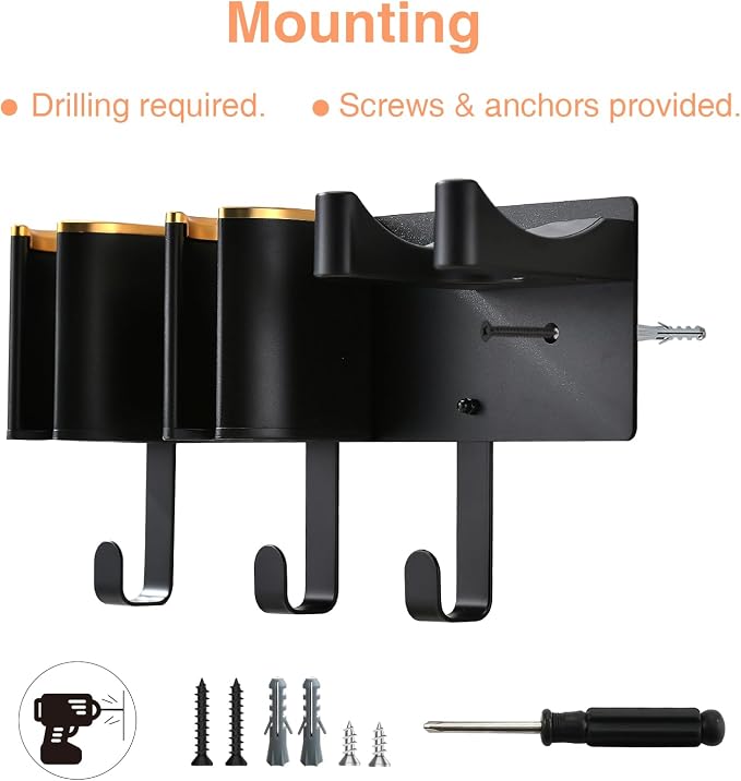 Hair Tool Organizer Wall Mount, Hair Dryer Curling iron Organizer | Hair Tools Holder with Cord Hooks, Straightener Holder, Aluminum Alloy & ABS, Black and Gold Color (Not Including Hair Tools)