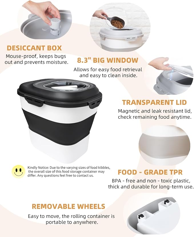 30-35 Lbs Dog Food Storage Container Collapsible Dog Food Container | Large Pet Food Storage with Airtight Lids,Wheels,Scoop and 2Pcs Food Storage Containers for Dog,Cat