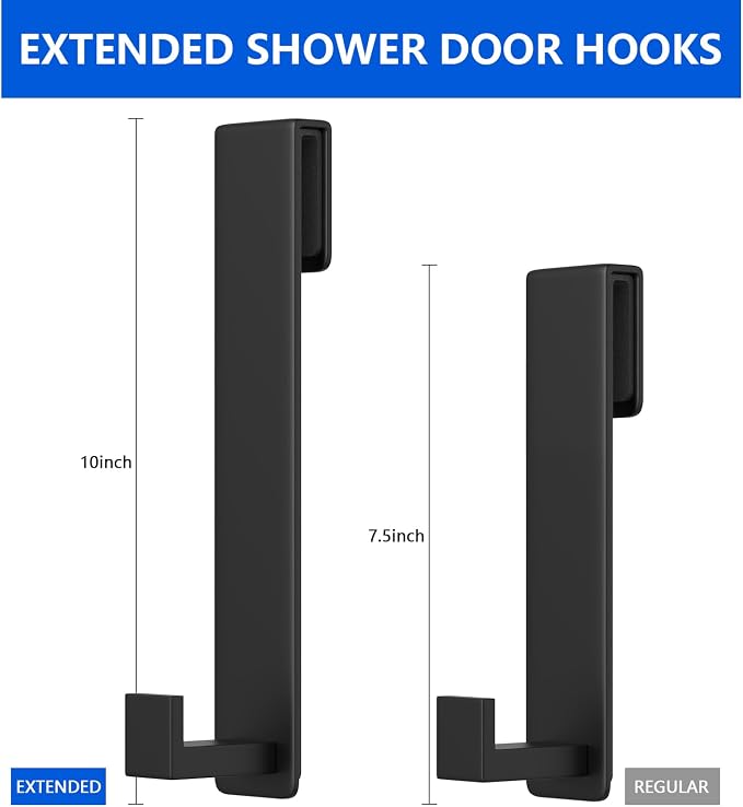 PMMASTO 10 Inch Extended Shower Door Hooks for Frameless Glass Bathroom, Stainless Steel Heavy Duty Over Door Towel and Robe Hanger (Black, Fits 3/8" Thick Door- L Shape)