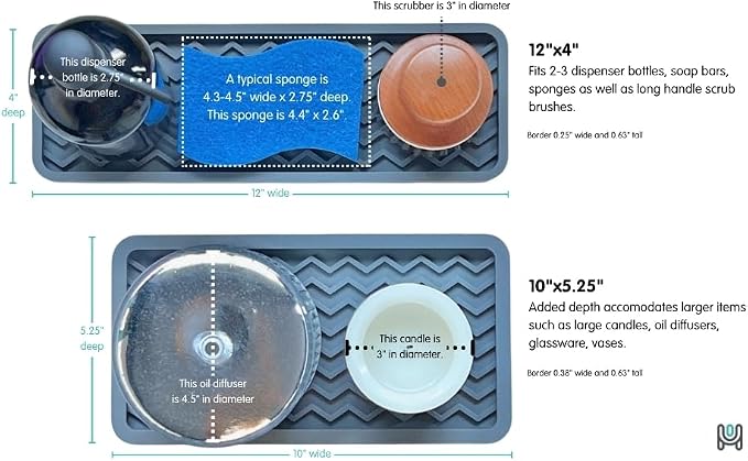 Silicone Sink Organizer Tray, Rectangular, Modern Style, Heat Safe, Dishwasher Safe, for Bathroom and Kitchen Organization (Smoky Blue, 12"x4", Chevron Pattern)