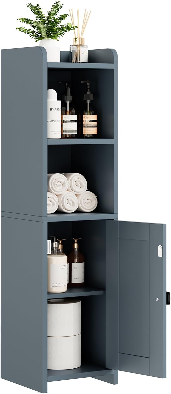Lomojo Small Bathroom Storage Cabinet Corner, 7.87" Dx7.87 W x31.5 H (Gray) | Freestanding Narrow Toilet Paper Holder, Organizers for Bathroom Small Spaces Floor Cabinet with Adjustable Shelves and Door