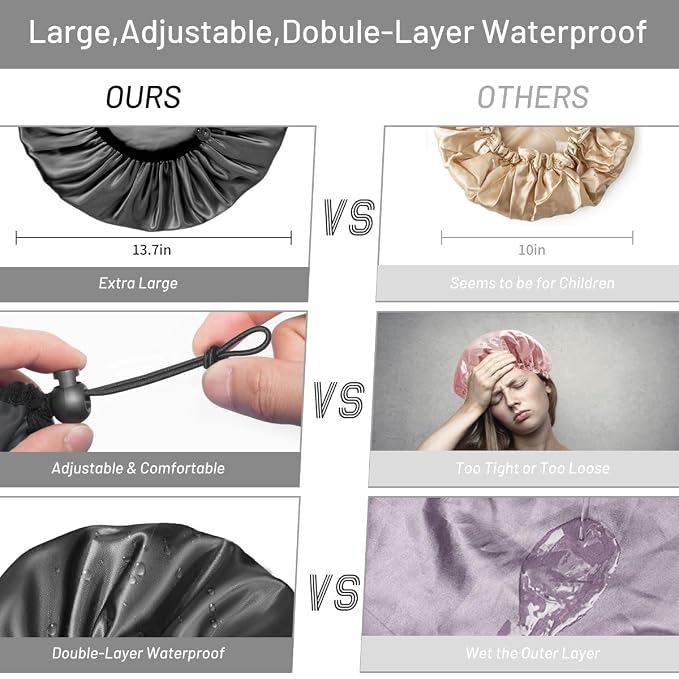 Auban Shower Cap for Women, Adjustable Reusable, Extra Large, Double-Layer Waterproof Bathing Cap, Waterproof Exterior, EVA Lining, Hair Cap for All Hair Lengths, 3 Balck Set
