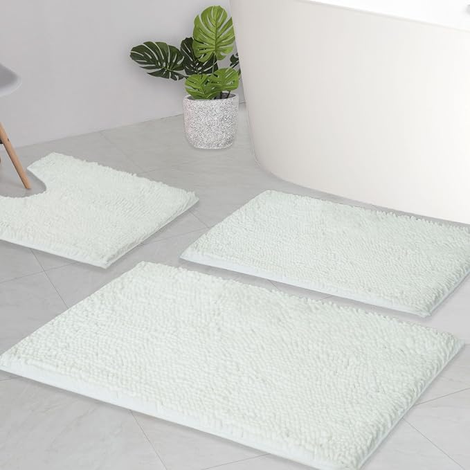 Bathroom Rugs Chenille Bath mat 3 Piece Set, Super Absorbent, Strong PVC Non Slip Backing, Bath mats for Bathroom, Plush Shaggy, Thick, Machine Washable, Bathtub, Shower, Toilet, White