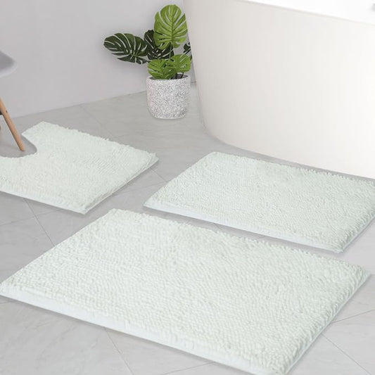 Bathroom Rugs Chenille Bath mat 3 Piece Set, Super Absorbent, Strong PVC Non Slip Backing, Bath mats for Bathroom, Plush Shaggy, Thick, Machine Washable, Bathtub, Shower, Toilet, White