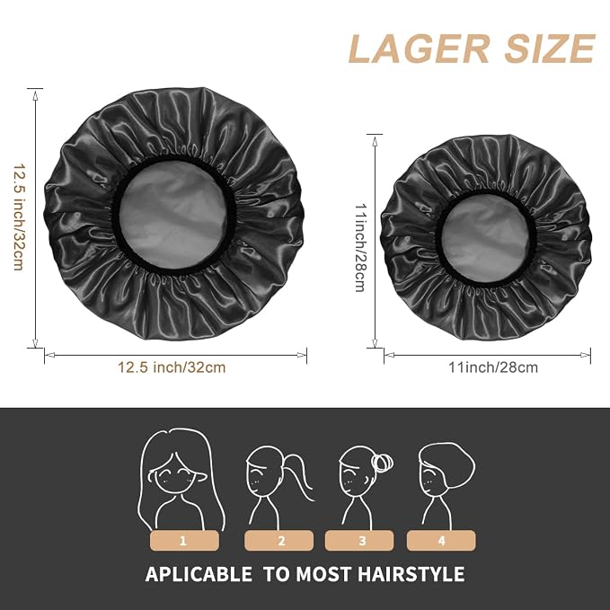 Aquior Shower Cap, Extra Large Shower Cap for Men, Satin EVA Double Layer Waterproof Reusable Hair Cap for Women Long Hair(All Black 4 Pack)