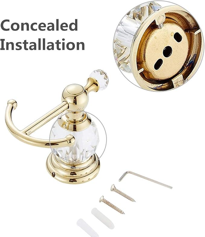 Crystal Gold Towel Hook, Gold Bathroom Robe Hook, Coat Rack Hanger Heavy Sturdy Double Towel Hooks Bath Farmhouse Clothes Hook Wall Mounted Modern for Bathroom Kitchen Washroom
