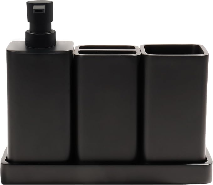 YMXYJM Bathroom Accessories Set, 4 Piece Toothbrush Holder Set, Matte Black | Bathroom Accessory Set with Soap Dispenser, Toothbrush Holder, Tumbler, Vanity Tray, Bathroom Sink Set for Modern Home Decor