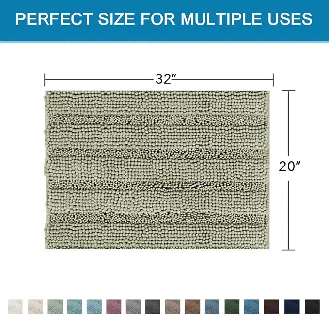 H.VERSAILTEX Bath Mats for Bathroom Non Slip Thick Chenille Striped Bath Rug Absorbent Fluffy Soft Shaggy Rugs Washable Dry Fast Plush Mats for Indoor, Bath Room, Tub - 20" x 32", Eucalyptus Green