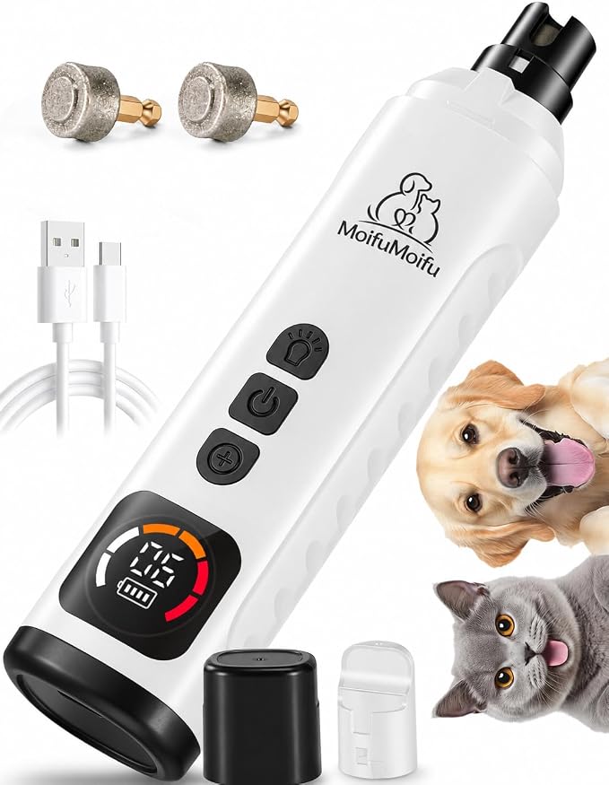 Dog Nail Grinder, Quiet 6-Speed Electric Pet Nail Trimmer with Upgraded Motor, 2 LED Lights, LCD Display, Type-C Charging, 1200mAh Battery, 3 Diamond Grinding Wheels for Dogs and Cats