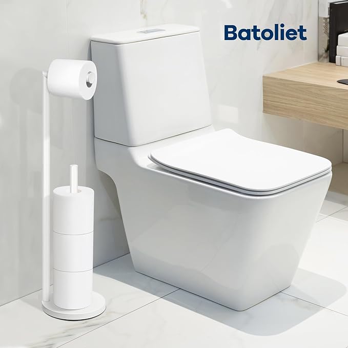Toilet Paper Holder Stand, Bathroom Free Standing with Storage, White | Rustproof Toilet Paper Roll Holder for 4 Rolls,with Non-Slip Stable Base,Bathroom Organizers and Storage